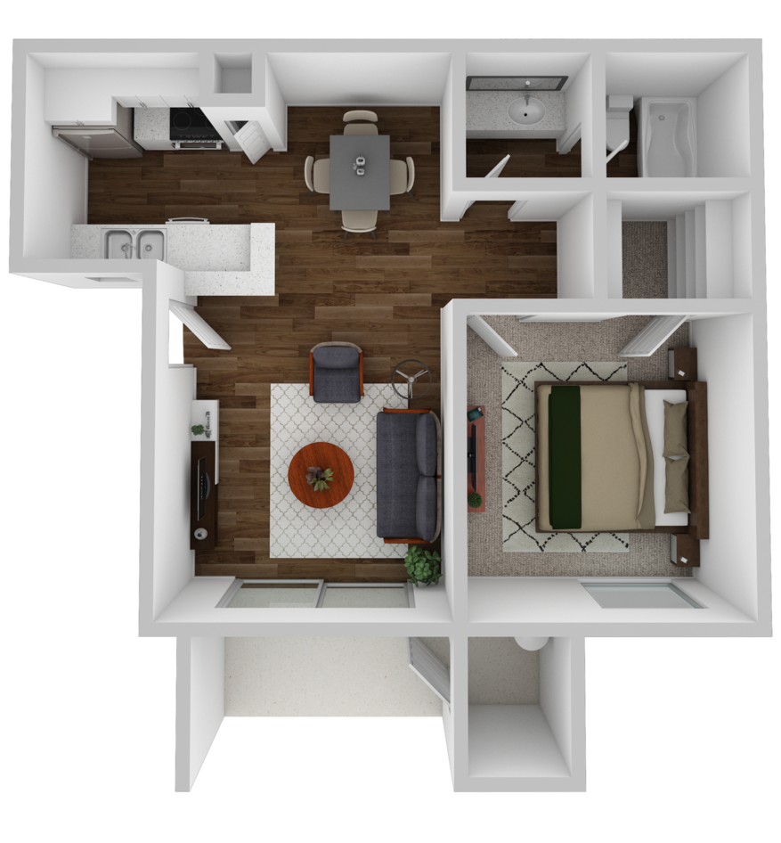 Floor plan for 1 bed, 1 bath, 630 sqft